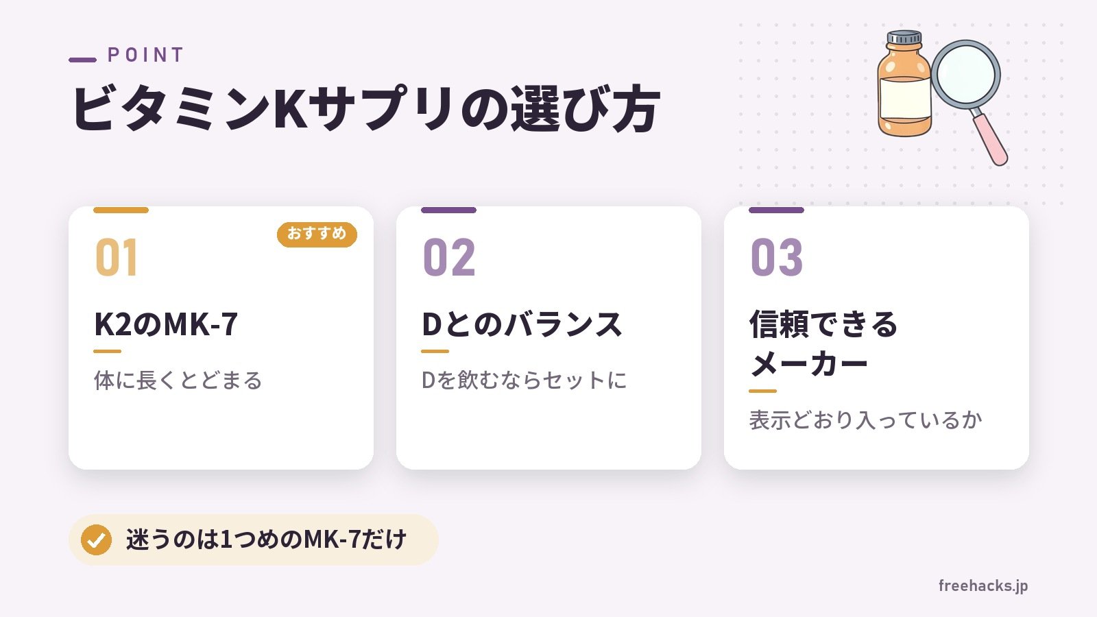 ビタミンKサプリの選び方(K2のMK-7 体に長くとどまる/Dとのバランス Dを飲むならセットに/信頼できるメーカー 表示どおり入っているか)